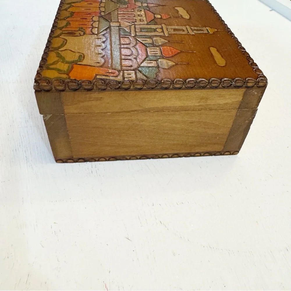 Russian Wood Box Town Scene done in Pyrography Vintage
